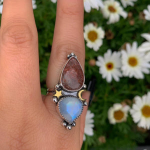 Sunstone & Moonstone Ring - Size 7 1/4 to 7 1/2 - Sterling Silver - Crescent Moon and Star Jewelry - Multi Stone Celestial Sunstone Ring