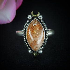 Sunstone Ring - Size 11 1/4 - Sterling Silver - Marquise Sunstone Jewelry - Confetti Sunstone Jewelry - Crescent Moon & Star Celestial Ring