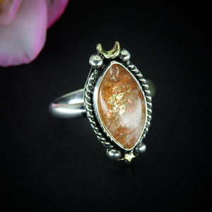 Sunstone Ring - Size 11 1/4 - Sterling Silver - Marquise Sunstone Jewelry - Confetti Sunstone Jewelry - Crescent Moon & Star Celestial Ring