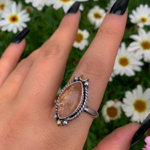 Sunstone Ring - Size 11 1/4 - Sterling Silver - Marquise Sunstone Jewelry - Confetti Sunstone Jewelry - Crescent Moon & Star Celestial Ring