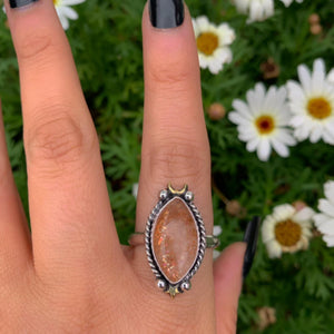 Sunstone Ring - Size 11 1/4 - Sterling Silver - Marquise Sunstone Jewelry - Confetti Sunstone Jewelry - Crescent Moon & Star Celestial Ring