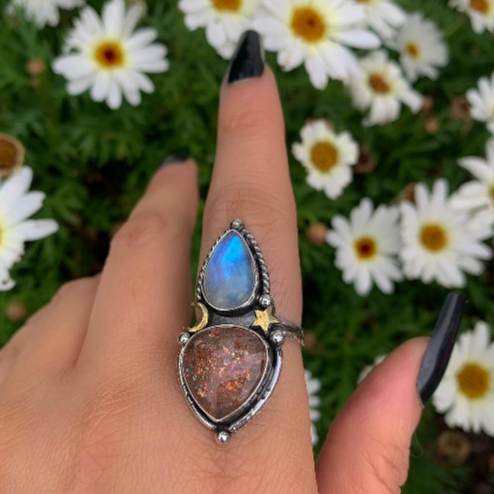 Sunstone & Moonstone Ring - Size 9 - Sterling Silver - Crescent Moon, Sun and Star Jewelry - Confetti Sunstone - Multi Stone Celestial Ring