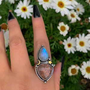 Sunstone & Moonstone Ring - Size 9 - Sterling Silver - Crescent Moon, Sun and Star Jewelry - Confetti Sunstone - Multi Stone Celestial Ring