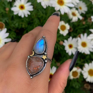 Sunstone & Moonstone Ring - Size 9 - Sterling Silver - Crescent Moon, Sun and Star Jewelry - Confetti Sunstone - Multi Stone Celestial Ring