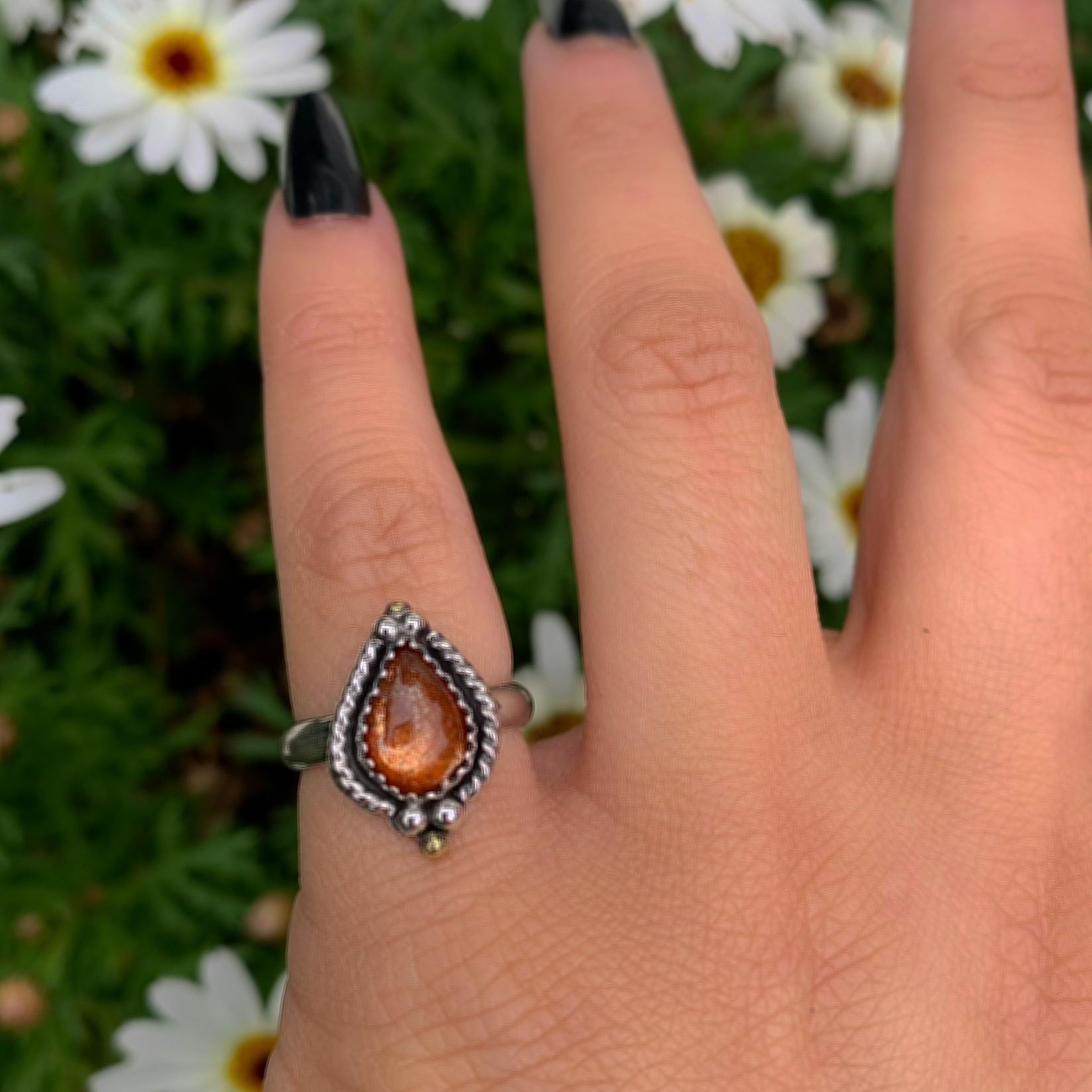 Sunstone Ring - Size 5 - Sterling Silver - Dainty Sunstone Jewelry - Confetti Sunstone Jewellery - Teardrop Orange Gemstone Thick Ring Band