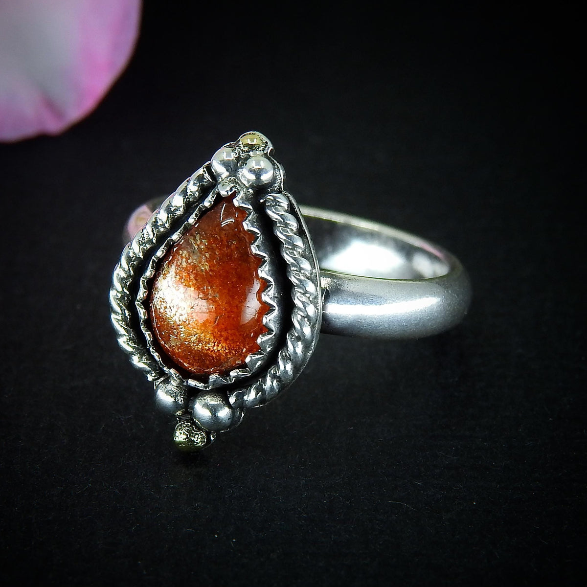 Sunstone Ring - Size 5 - Sterling Silver - Dainty Sunstone Jewelry - Confetti Sunstone Jewellery - Teardrop Orange Gemstone Thick Ring Band