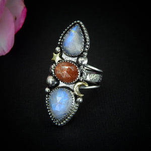 Sunstone & Moonstone Ring - Size 9 to 9 1/4 - Sterling Silver - Crescent Moon, Sun and Star Jewellery - Confetti Triple Stone Celestial Ring