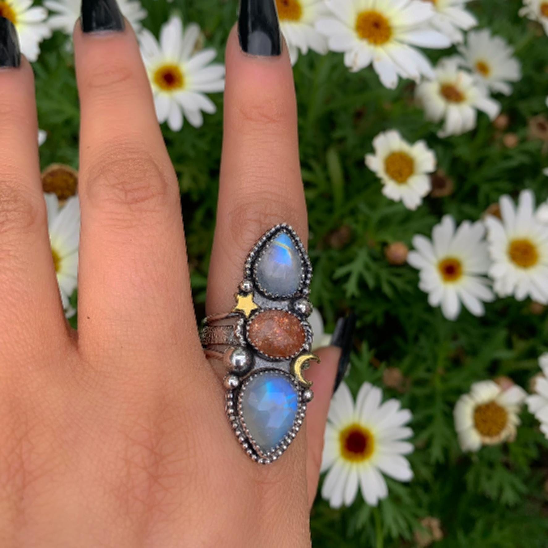 Sunstone & Moonstone Ring - Size 9 to 9 1/4 - Sterling Silver - Crescent Moon, Sun and Star Jewellery - Confetti Triple Stone Celestial Ring