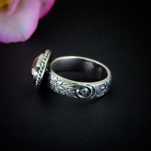 Sunstone Ring - Size 6 - Sterling Silver - Rose Cut Sunstone Jewelry - Sunstone Jewellery - Thick Floral Detailed Ring Band OOAK