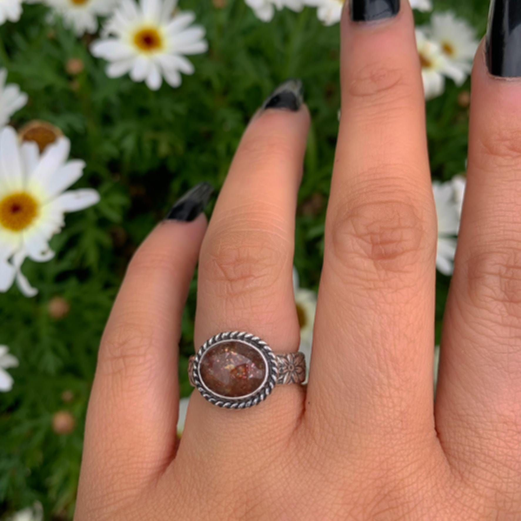 Sunstone Ring - Size 6 - Sterling Silver - Rose Cut Sunstone Jewelry - Sunstone Jewellery - Thick Floral Detailed Ring Band OOAK