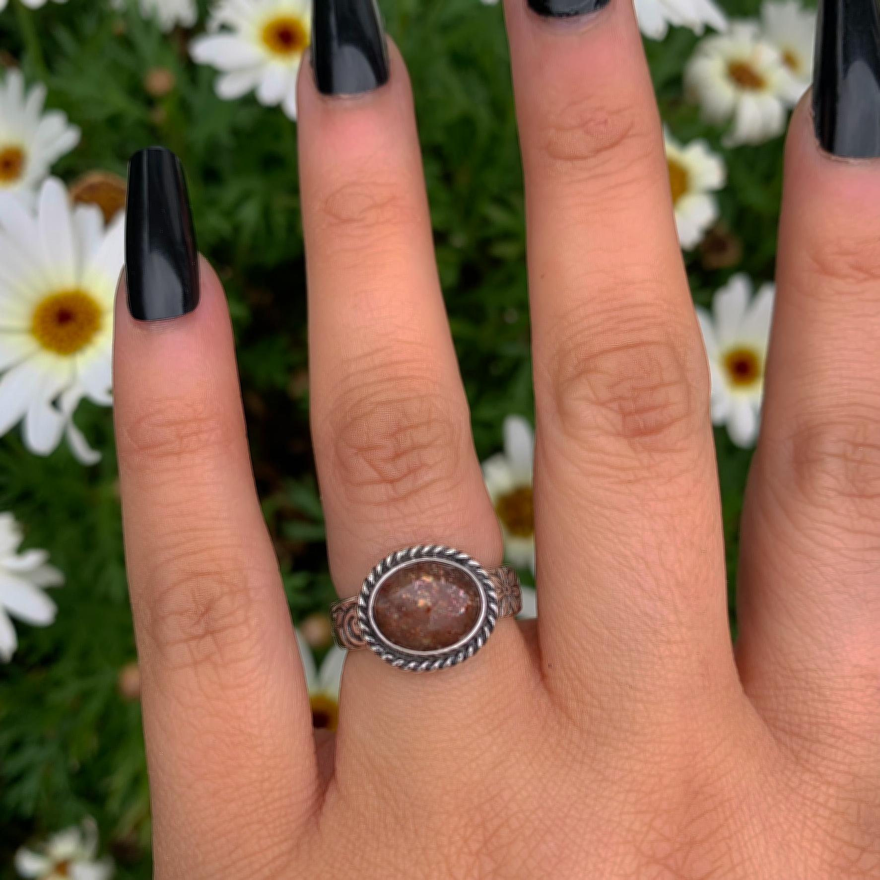 Sunstone Ring - Size 6 - Sterling Silver - Rose Cut Sunstone Jewelry - Sunstone Jewellery - Thick Floral Detailed Ring Band OOAK