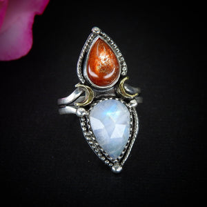 Sunstone & Moonstone Ring - Size 5 1/2 to 5 3/4 - Sterling Silver - Crescent Moon and Sun Jewelry - Confetti Sunstone, Multi Stone Celestial