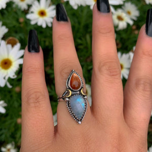 Sunstone & Moonstone Ring - Size 5 1/2 to 5 3/4 - Sterling Silver - Crescent Moon and Sun Jewelry - Confetti Sunstone, Multi Stone Celestial