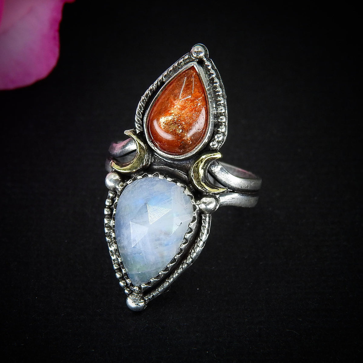 Sunstone & Moonstone Ring - Size 5 1/2 to 5 3/4 - Sterling Silver - Crescent Moon and Sun Jewelry - Confetti Sunstone, Multi Stone Celestial