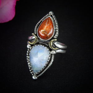 Sunstone & Moonstone Ring - Size 5 1/2 to 5 3/4 - Sterling Silver - Crescent Moon and Sun Jewelry - Confetti Sunstone, Multi Stone Celestial