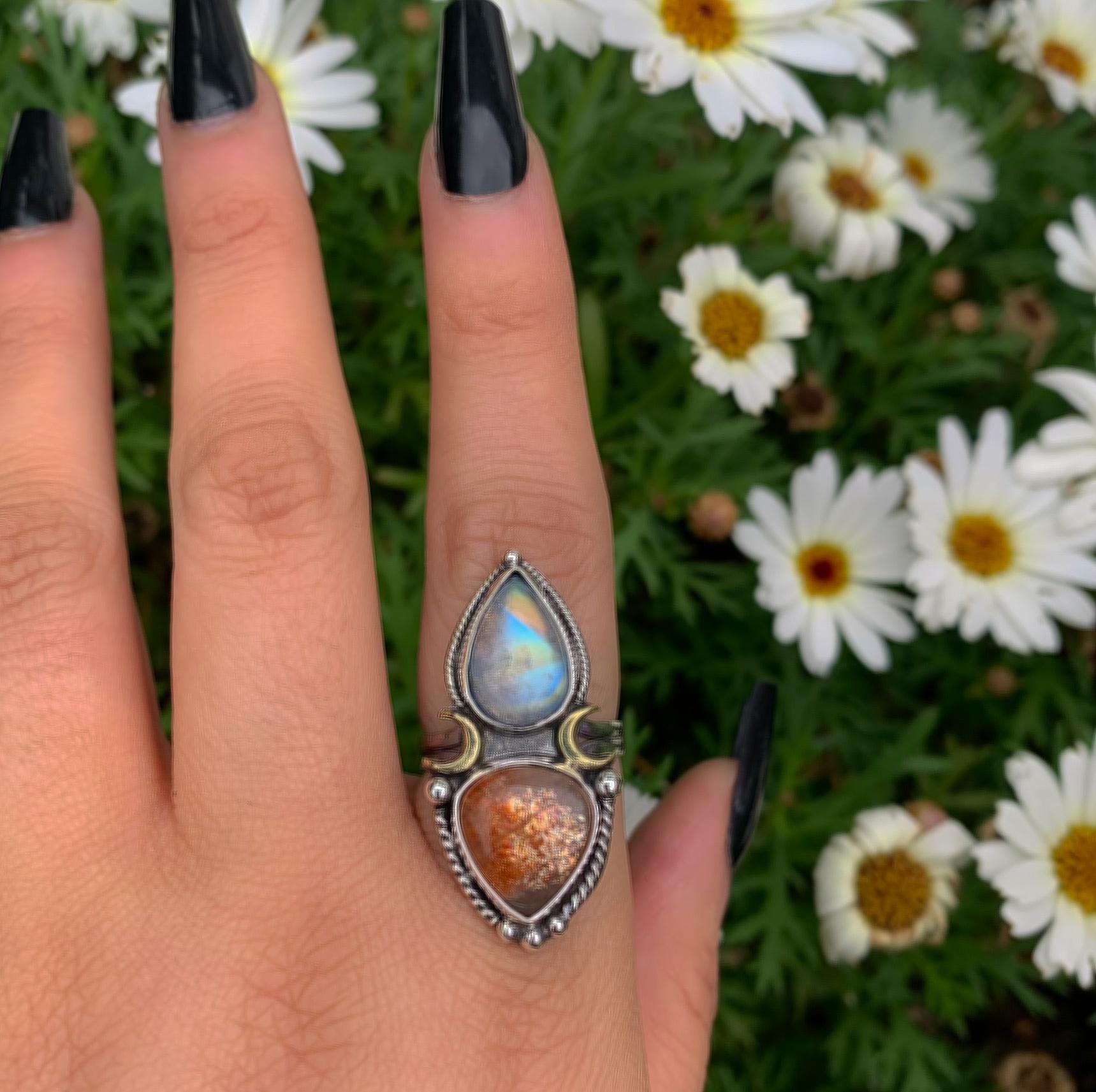 Sunstone & Moonstone Ring - Size 8 1/4 to 8 1/2 - Sterling Silver - Crescent Moon and Sun Celestial Jewelry - Confetti Sunstone Multi Stone