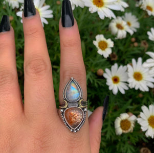 Sunstone & Moonstone Ring - Size 8 1/4 to 8 1/2 - Sterling Silver - Crescent Moon and Sun Celestial Jewelry - Confetti Sunstone Multi Stone