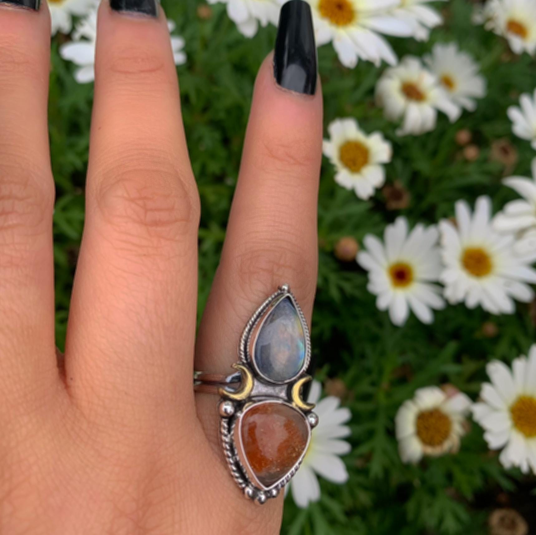 Sunstone & Moonstone Ring - Size 8 1/4 to 8 1/2 - Sterling Silver - Crescent Moon and Sun Celestial Jewelry - Confetti Sunstone Multi Stone