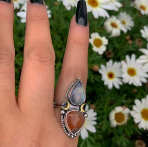 Sunstone & Moonstone Ring - Size 8 1/4 to 8 1/2 - Sterling Silver - Crescent Moon and Sun Celestial Jewelry - Confetti Sunstone Multi Stone
