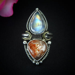 Sunstone & Moonstone Ring - Size 8 1/4 to 8 1/2 - Sterling Silver - Crescent Moon and Sun Celestial Jewelry - Confetti Sunstone Multi Stone
