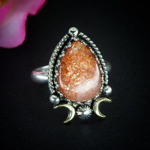 Sunstone Ring - Size 9 1/4 - Sterling Silver - Sunstone Statement Jewelry - Confetti Sunstone Jewelry - Crescent Moon & Star Celestial Ring