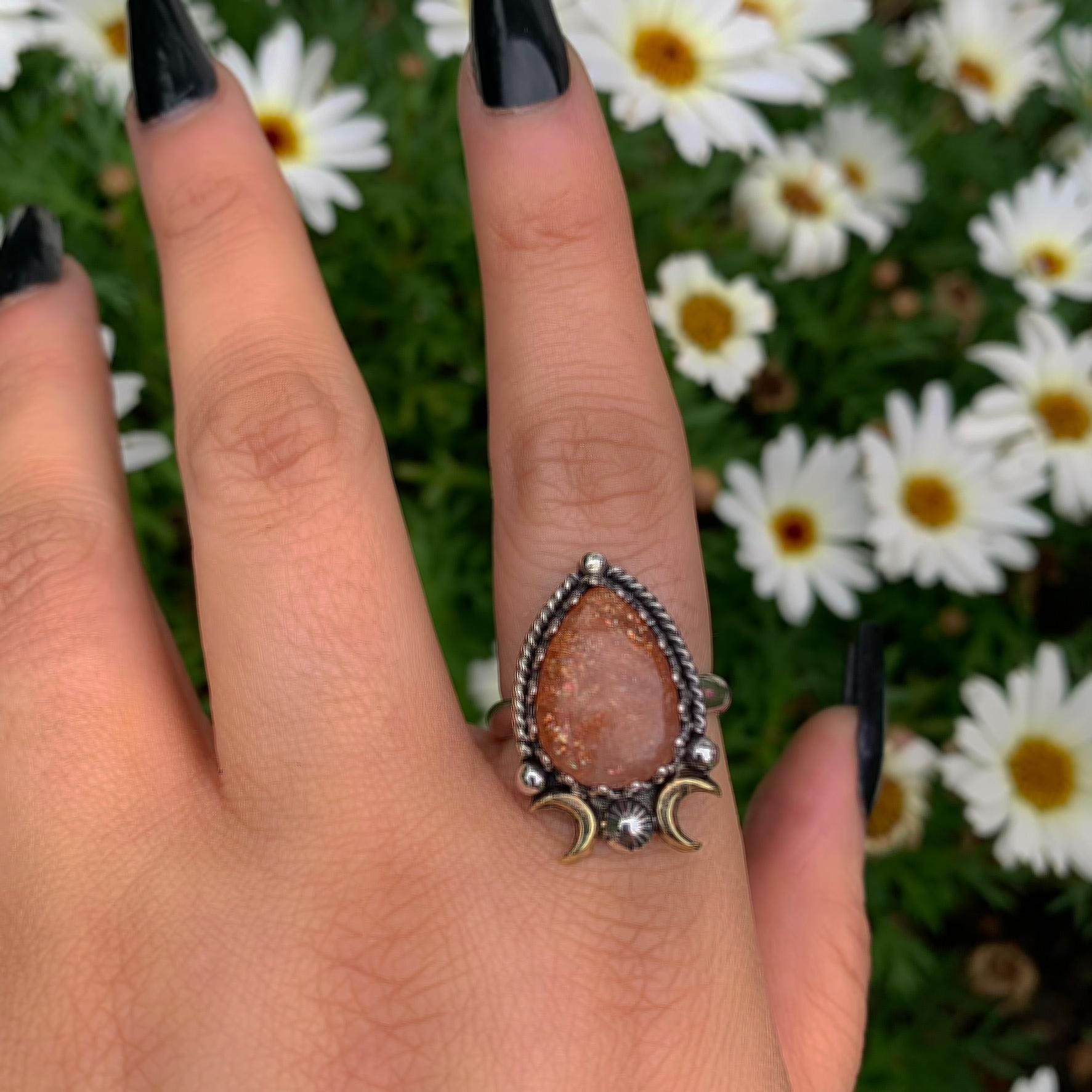 Sunstone Ring - Size 9 1/4 - Sterling Silver - Sunstone Statement Jewelry - Confetti Sunstone Jewelry - Crescent Moon & Star Celestial Ring