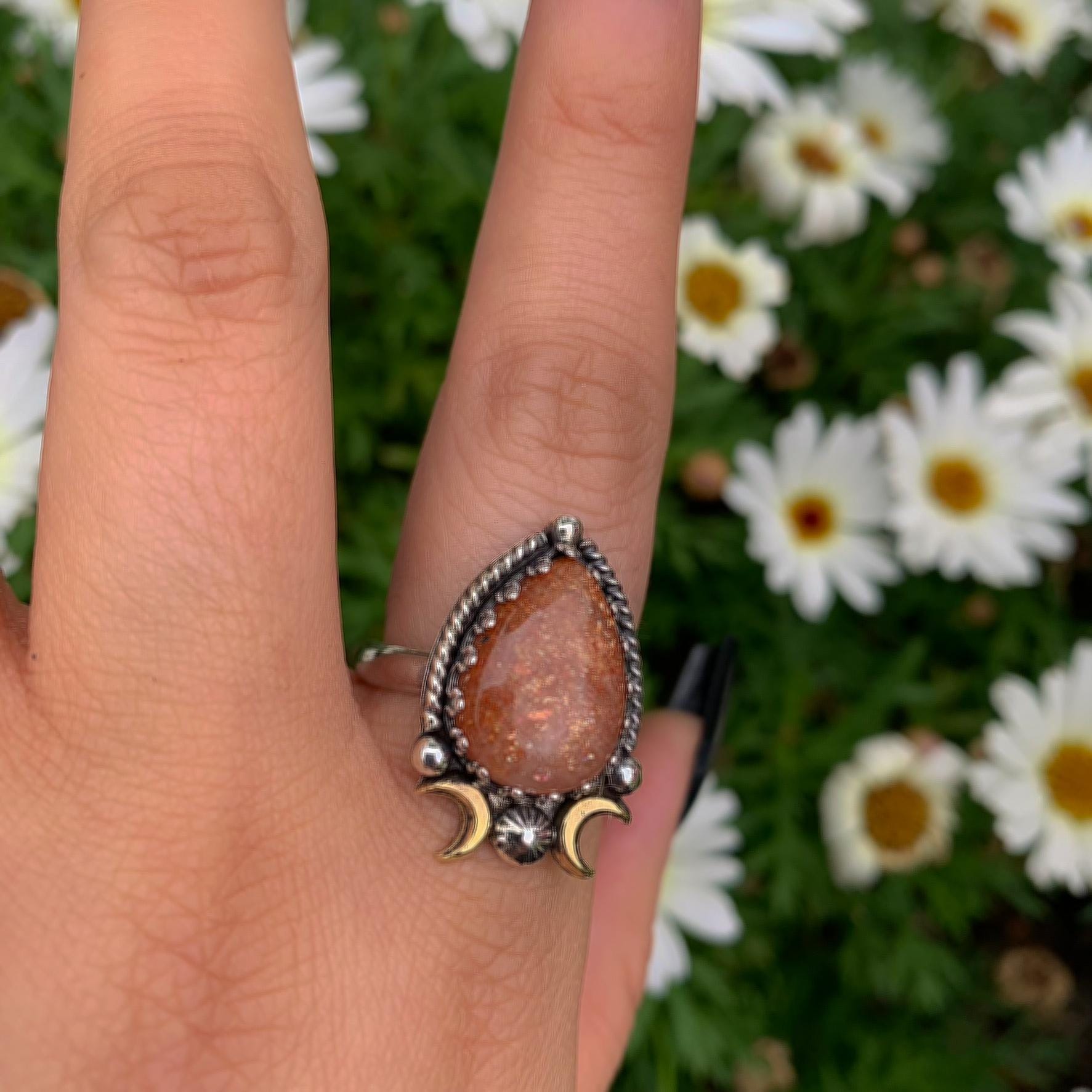 Sunstone Ring - Size 9 1/4 - Sterling Silver - Sunstone Statement Jewelry - Confetti Sunstone Jewelry - Crescent Moon & Star Celestial Ring
