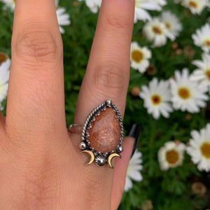 Sunstone Ring - Size 9 1/4 - Sterling Silver - Sunstone Statement Jewelry - Confetti Sunstone Jewelry - Crescent Moon & Star Celestial Ring