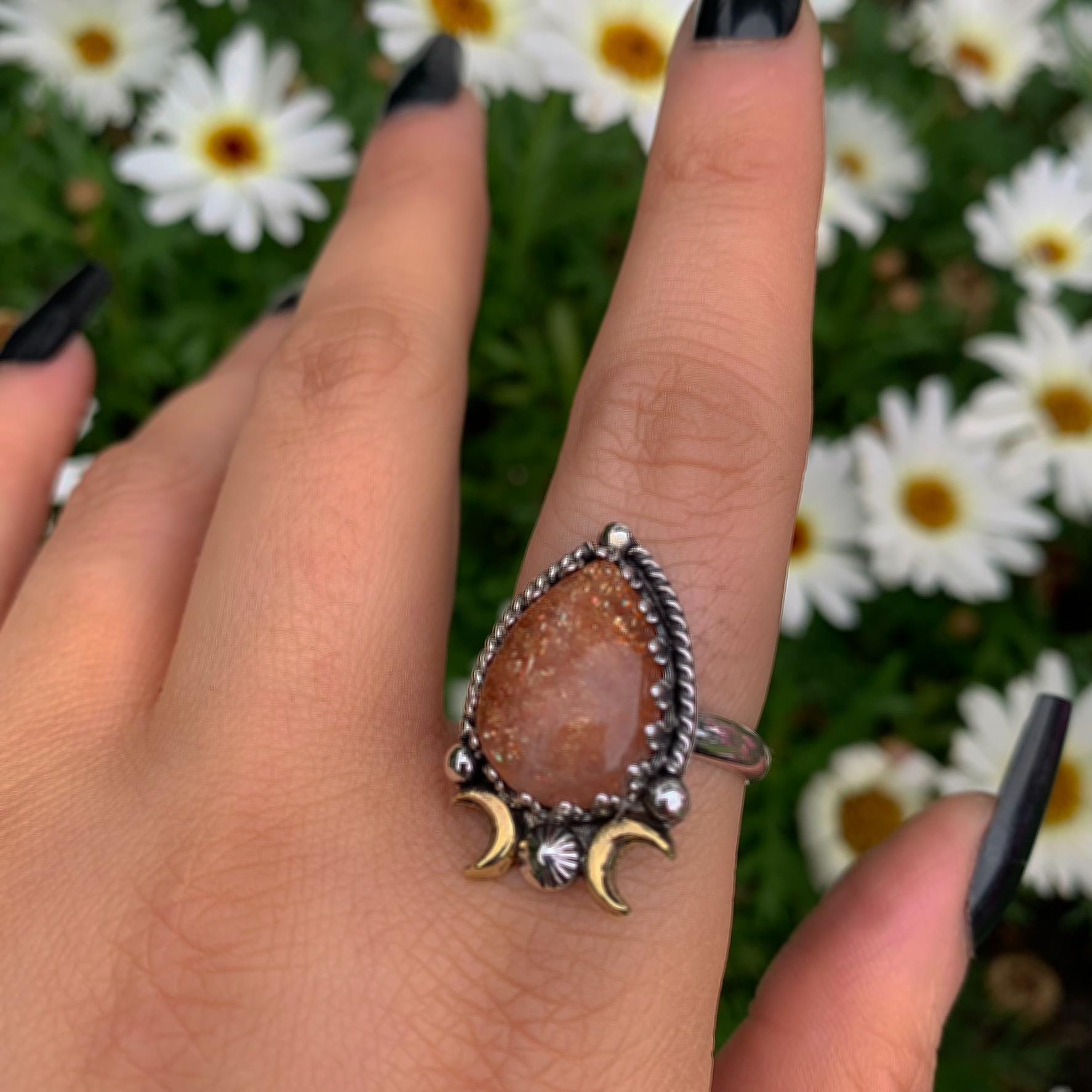 Sunstone Ring - Size 9 1/4 - Sterling Silver - Sunstone Statement Jewelry - Confetti Sunstone Jewelry - Crescent Moon & Star Celestial Ring