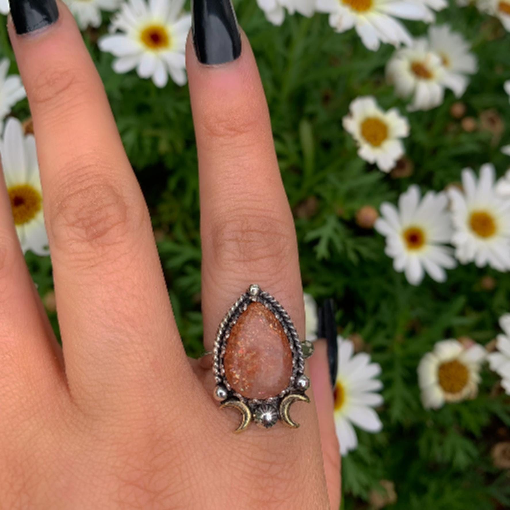 Sunstone Ring - Size 9 1/4 - Sterling Silver - Sunstone Statement Jewelry - Confetti Sunstone Jewelry - Crescent Moon & Star Celestial Ring