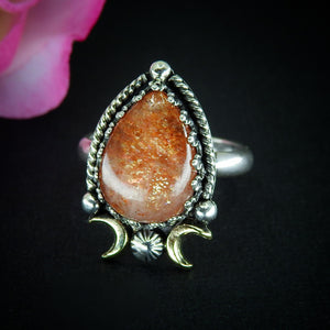Sunstone Ring - Size 9 1/4 - Sterling Silver - Sunstone Statement Jewelry - Confetti Sunstone Jewelry - Crescent Moon & Star Celestial Ring