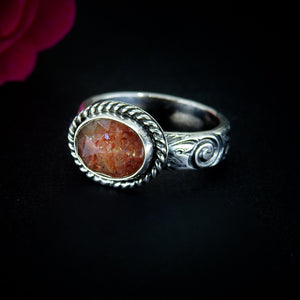Sunstone Ring - Size 7 to 7 1/4 - Sterling Silver - Rose Cut Sunstone Jewelry - Sunstone Jewellery - Thick Floral Detailed Ring Band OOAK