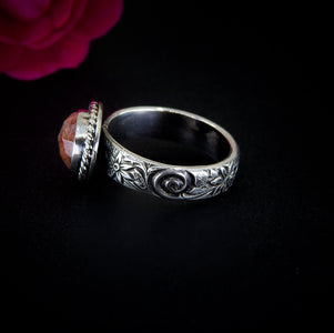 Sunstone Ring - Size 7 to 7 1/4 - Sterling Silver - Rose Cut Sunstone Jewelry - Sunstone Jewellery - Thick Floral Detailed Ring Band OOAK