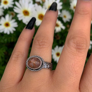Sunstone Ring - Size 7 to 7 1/4 - Sterling Silver - Rose Cut Sunstone Jewelry - Sunstone Jewellery - Thick Floral Detailed Ring Band OOAK