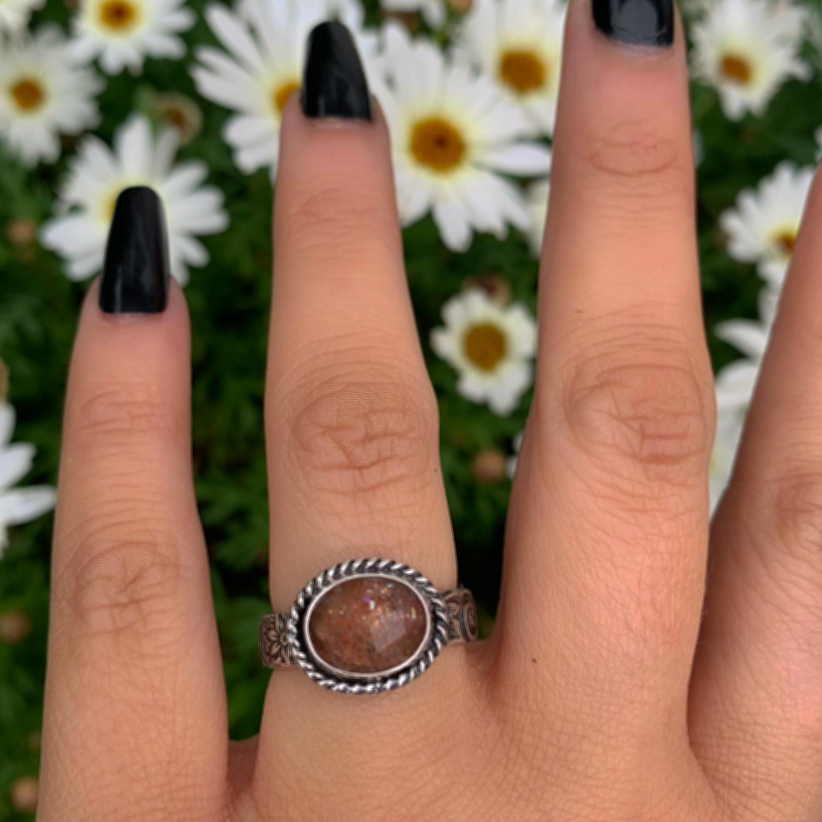 Sunstone Ring - Size 7 to 7 1/4 - Sterling Silver - Rose Cut Sunstone Jewelry - Sunstone Jewellery - Thick Floral Detailed Ring Band OOAK