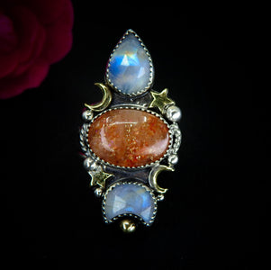 Sunstone & Moonstone Ring - Size 7 1/4 - Sterling Silver - Crescent Moon, Sun and Star Jewellery - Confetti Triple Stone Celestial Ring