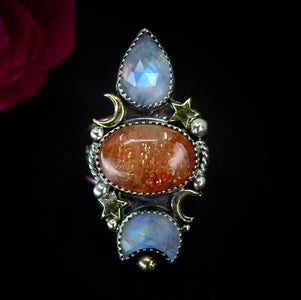Sunstone & Moonstone Ring - Size 7 1/4 - Sterling Silver - Crescent Moon, Sun and Star Jewellery - Confetti Triple Stone Celestial Ring