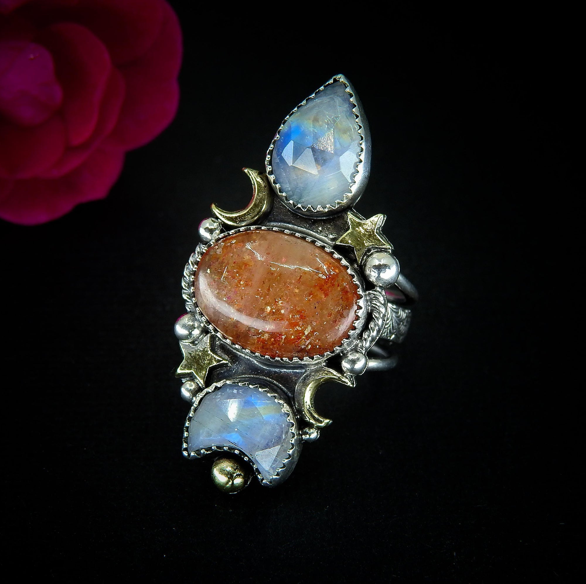 Sunstone & Moonstone Ring - Size 7 1/4 - Sterling Silver - Crescent Moon, Sun and Star Jewellery - Confetti Triple Stone Celestial Ring