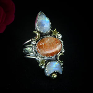 Sunstone & Moonstone Ring - Size 7 1/4 - Sterling Silver - Crescent Moon, Sun and Star Jewellery - Confetti Triple Stone Celestial Ring