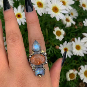 Sunstone & Moonstone Ring - Size 7 1/4 - Sterling Silver - Crescent Moon, Sun and Star Jewellery - Confetti Triple Stone Celestial Ring