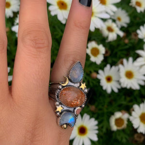 Sunstone & Moonstone Ring - Size 7 1/4 - Sterling Silver - Crescent Moon, Sun and Star Jewellery - Confetti Triple Stone Celestial Ring
