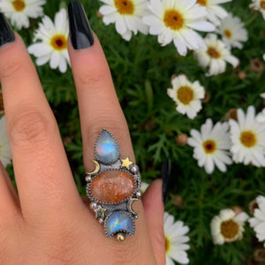 Sunstone & Moonstone Ring - Size 7 1/4 - Sterling Silver - Crescent Moon, Sun and Star Jewellery - Confetti Triple Stone Celestial Ring