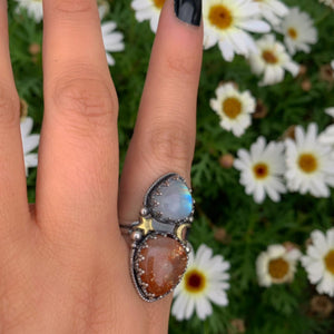 Sunstone & Moonstone Ring - Size 11 1/4 to 11 1/2 - Sterling Silver - Crescent Moon and Sun Celestial Jewelry, Confetti Sunstone Multi Stone