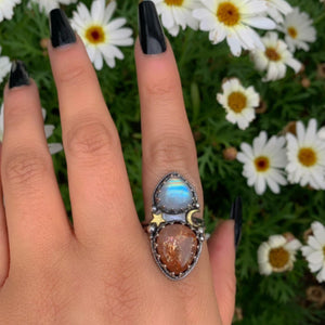 Sunstone & Moonstone Ring - Size 11 1/4 to 11 1/2 - Sterling Silver - Crescent Moon and Sun Celestial Jewelry, Confetti Sunstone Multi Stone