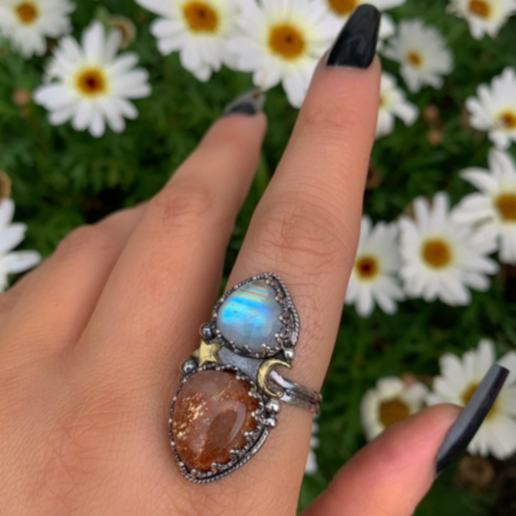 Sunstone & Moonstone Ring - Size 11 1/4 to 11 1/2 - Sterling Silver - Crescent Moon and Sun Celestial Jewelry, Confetti Sunstone Multi Stone