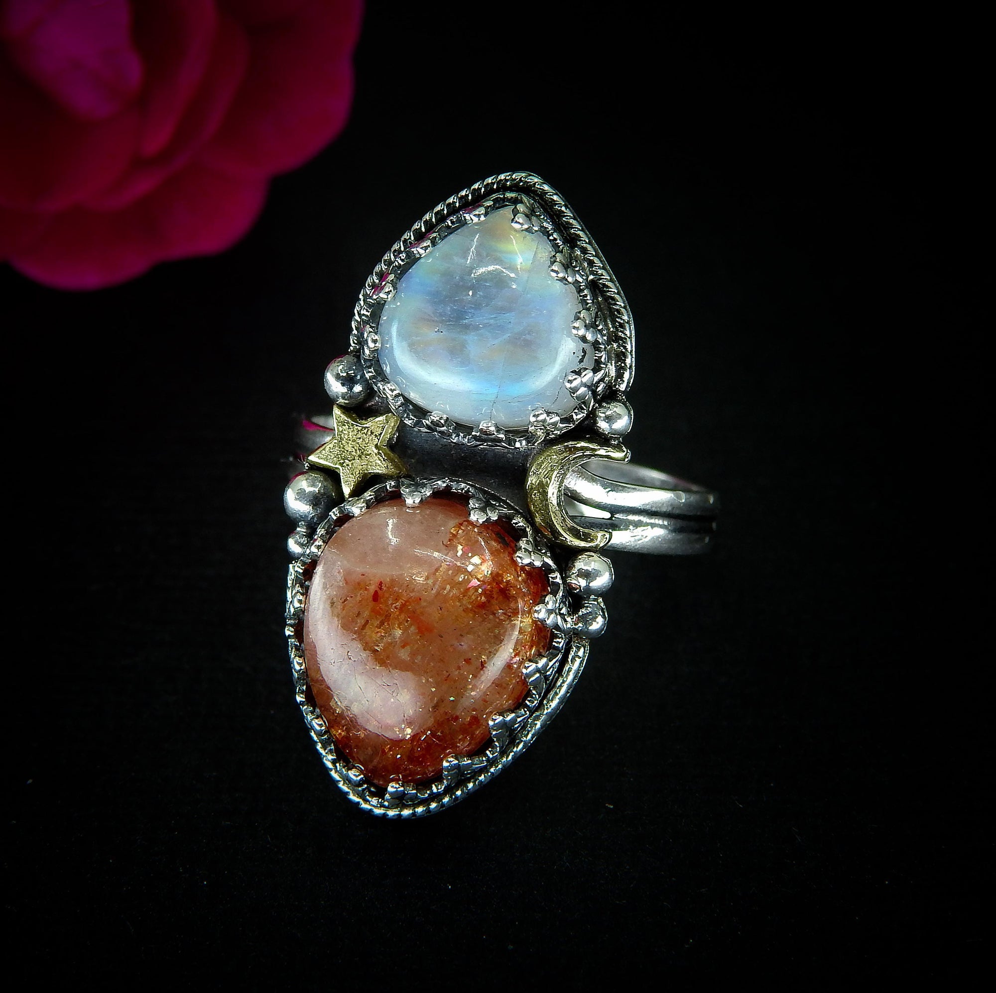 Sunstone & Moonstone Ring - Size 11 1/4 to 11 1/2 - Sterling Silver - Crescent Moon and Sun Celestial Jewelry, Confetti Sunstone Multi Stone