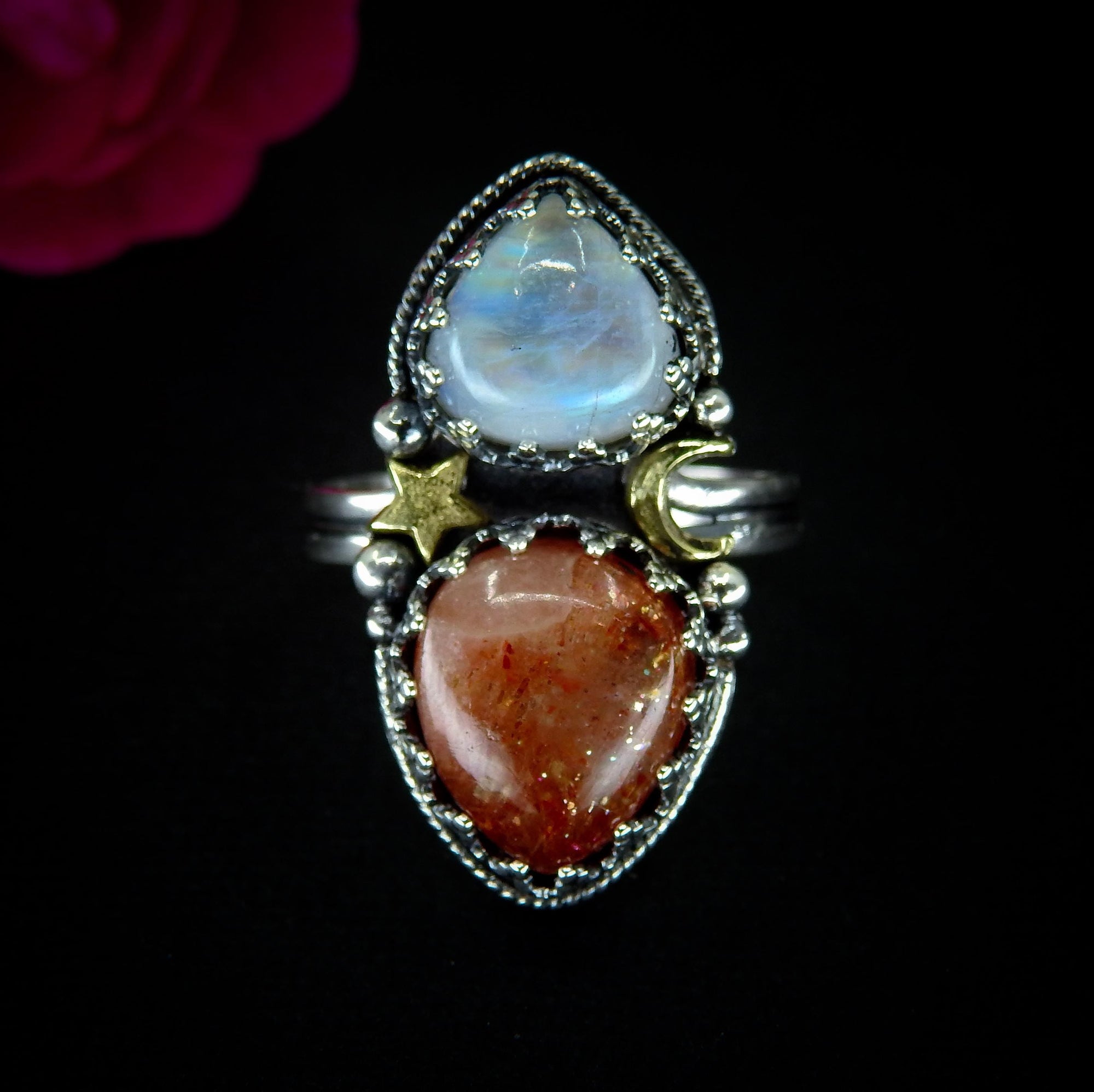Sunstone & Moonstone Ring - Size 11 1/4 to 11 1/2 - Sterling Silver - Crescent Moon and Sun Celestial Jewelry, Confetti Sunstone Multi Stone