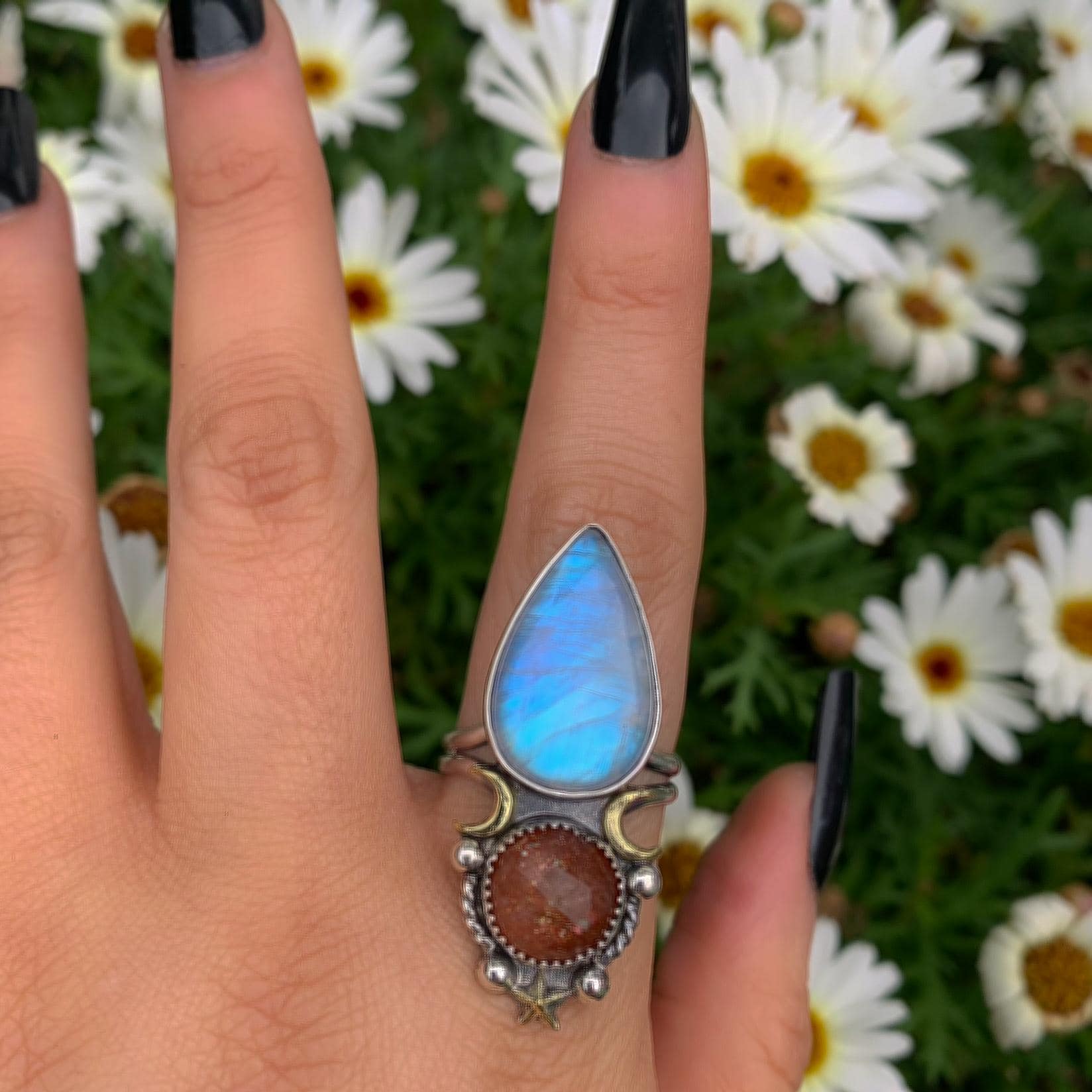 Sunstone & Moonstone Ring - Size 10 1/4 - Sterling Silver - Crescent Moon, Sun and Star Jewelry - Confetti Sunstone - Multi Stone Celestial