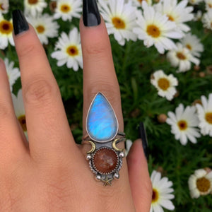 Sunstone & Moonstone Ring - Size 10 1/4 - Sterling Silver - Crescent Moon, Sun and Star Jewelry - Confetti Sunstone - Multi Stone Celestial