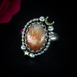 Sunstone Ring - Size 8 - Sterling Silver - Confetti Sunstone Jewelry - Crescent Moon & Star Celestial Ring - Sun and Moon Magic